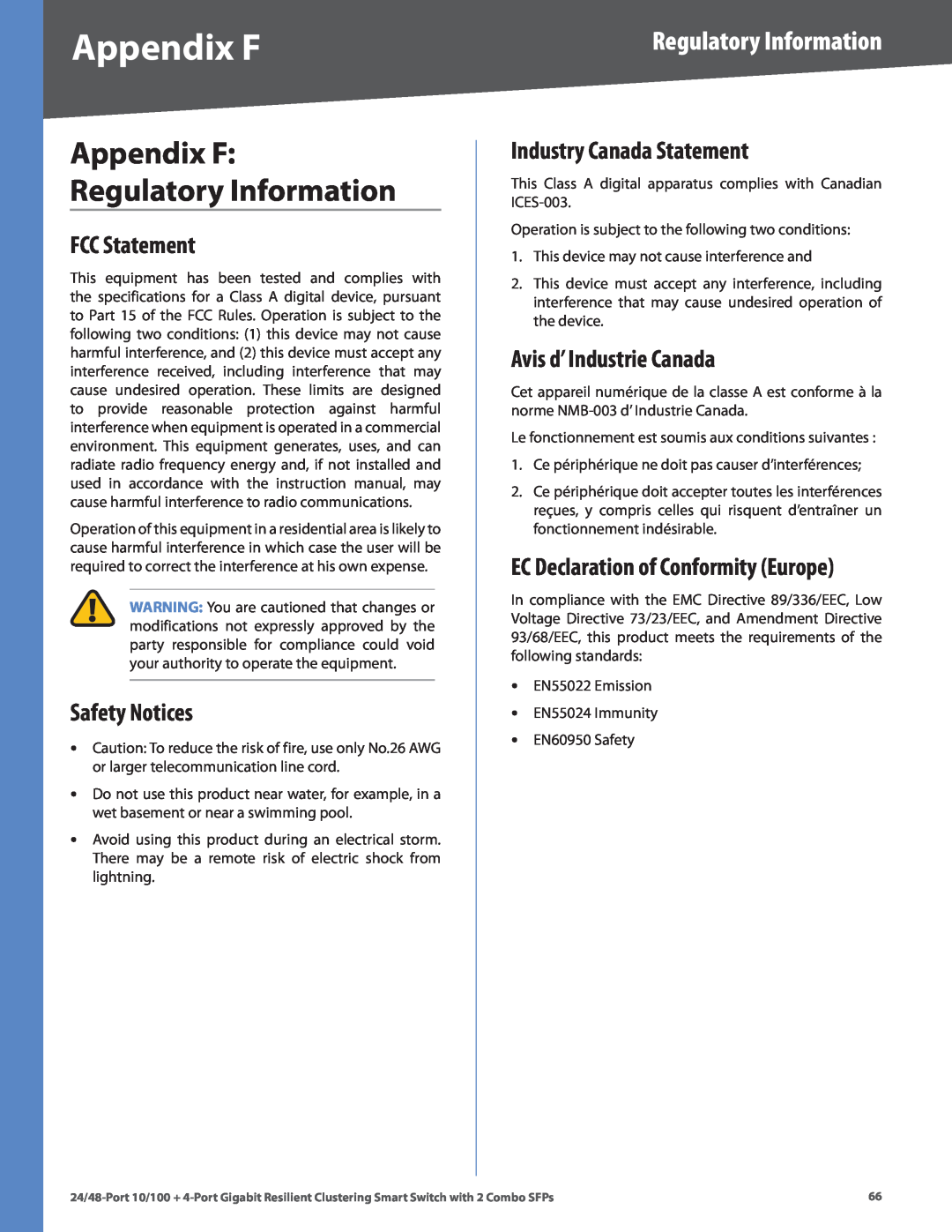 Linksys SLM248G4S (G5) Appendix F Regulatory Information, FCC Statement, Safety Notices, Industry Canada Statement 