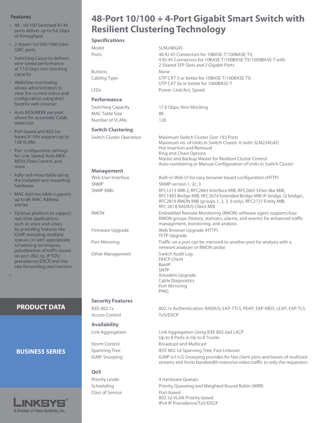 Linksys SLM248G4S manual Specifications, Performance, Switch Clustering, Management, Security Features, Availability, QoS 