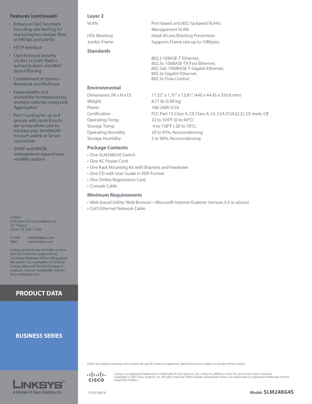 Linksys SLM248G4S manual Layer, Standards, Environmental, Package Contents, Minimum Requirements 