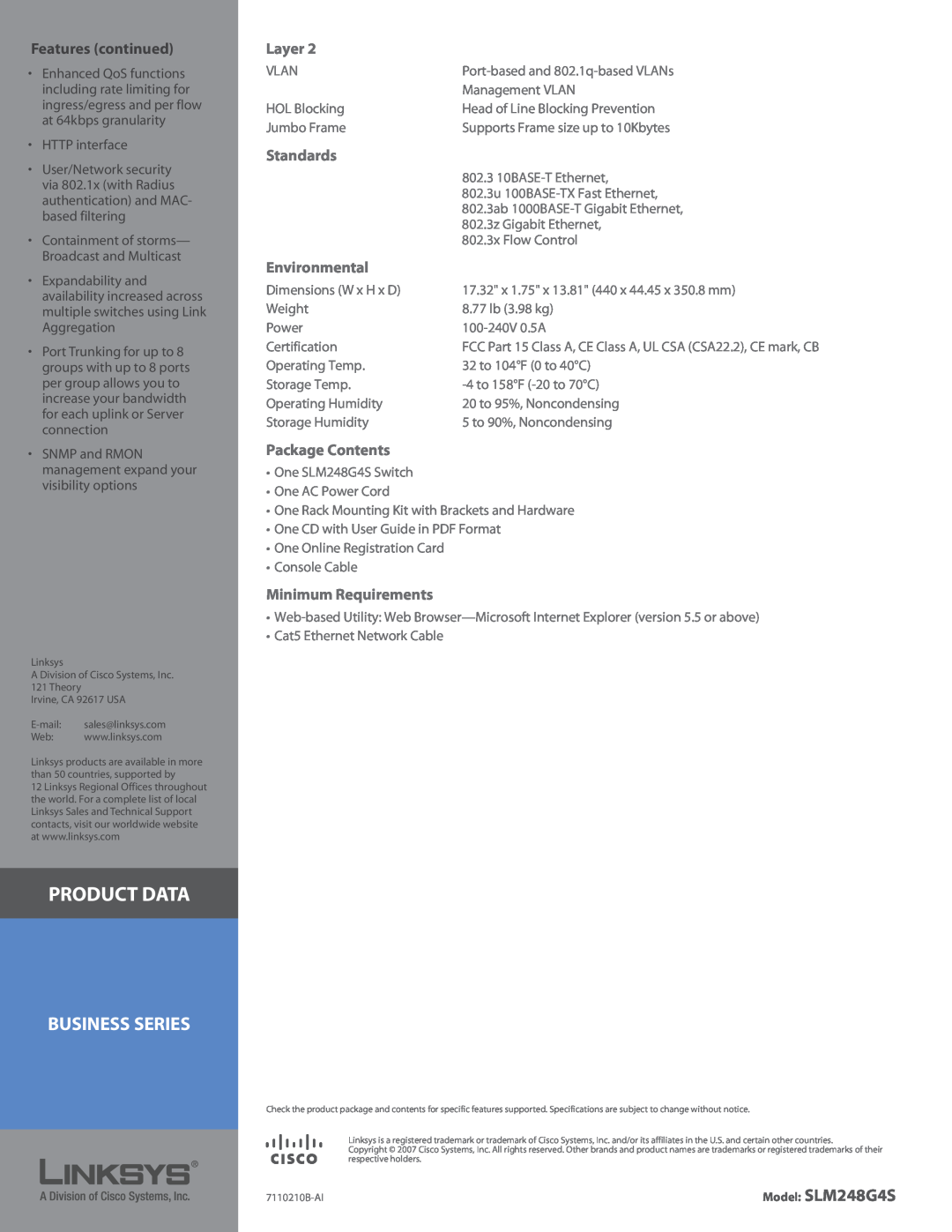Linksys SLM248G4S manual Features continued, Layer, Standards, Environmental, Package Contents, Minimum Requirements 
