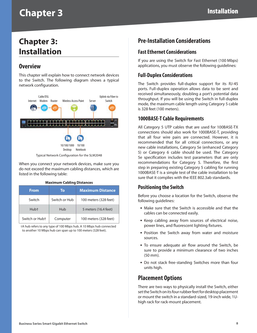 Linksys SLM248G, SLM248P, SLM224P manual Chapter Installation, Overview, Pre-Installation Considerations, Placement Options 