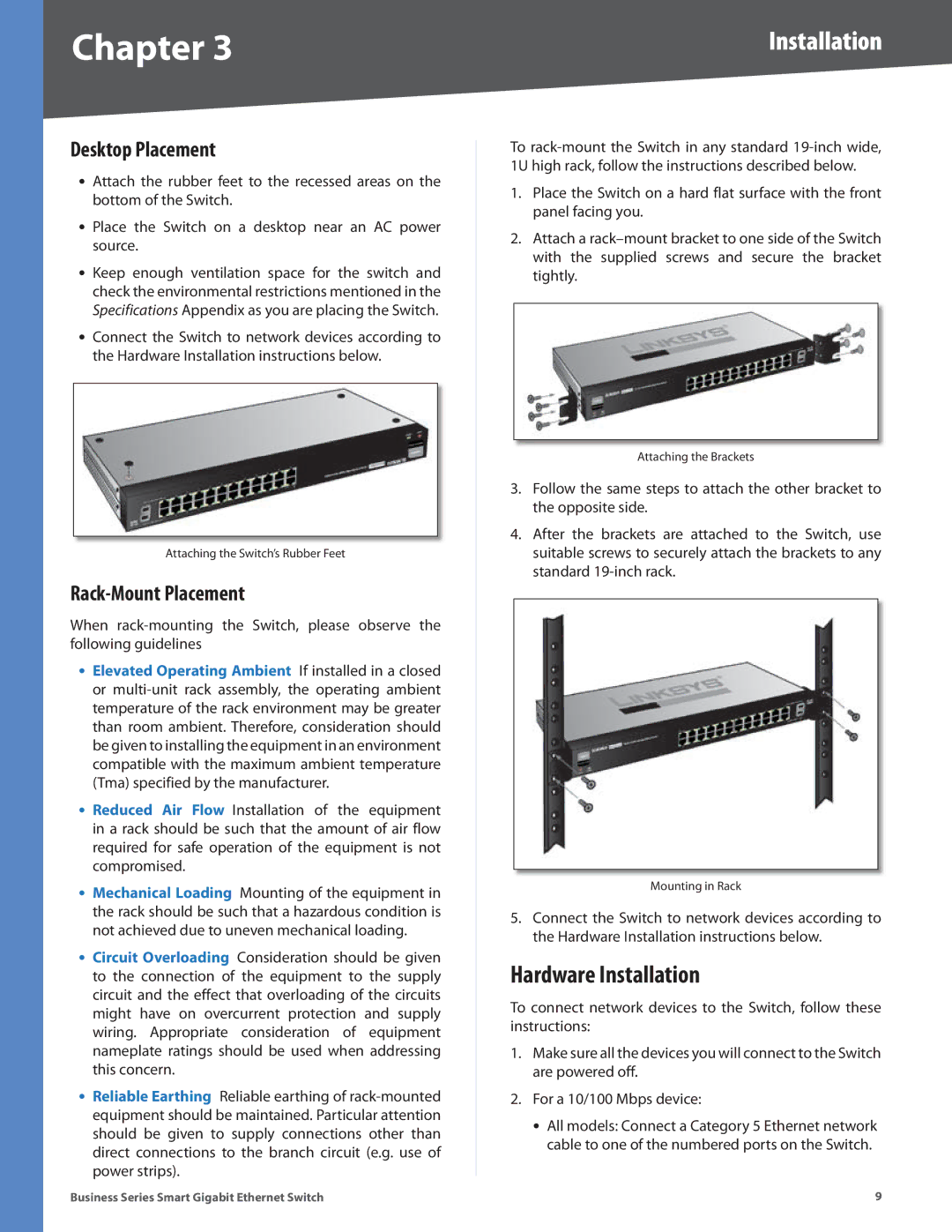 Linksys SLM224P, SLM248P, SLM248G, SLM2024, SLM2048, SLM224G Hardware Installation, Desktop Placement, Rack-Mount Placement 