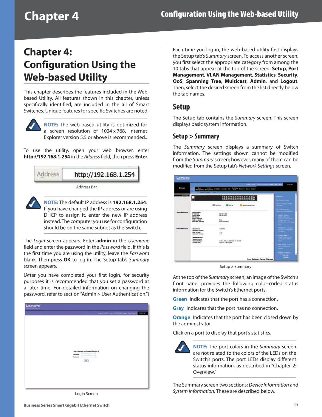 Linksys SLM2048, SLM248P, SLM248G, SLM224P, SLM2024, SLM224G Chapter Configuration Using Web-based Utility, Setup Summary 