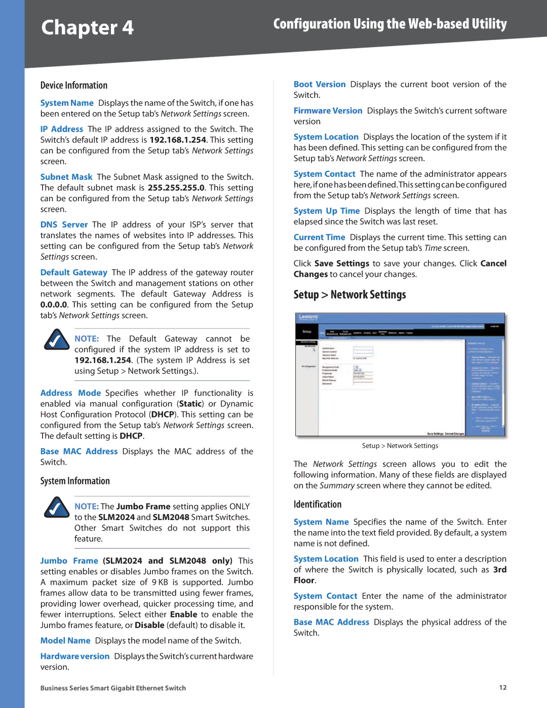 Linksys SLM224G, SLM248P, SLM248G, SLM224P Setup Network Settings, Device Information, System Information, Identification 