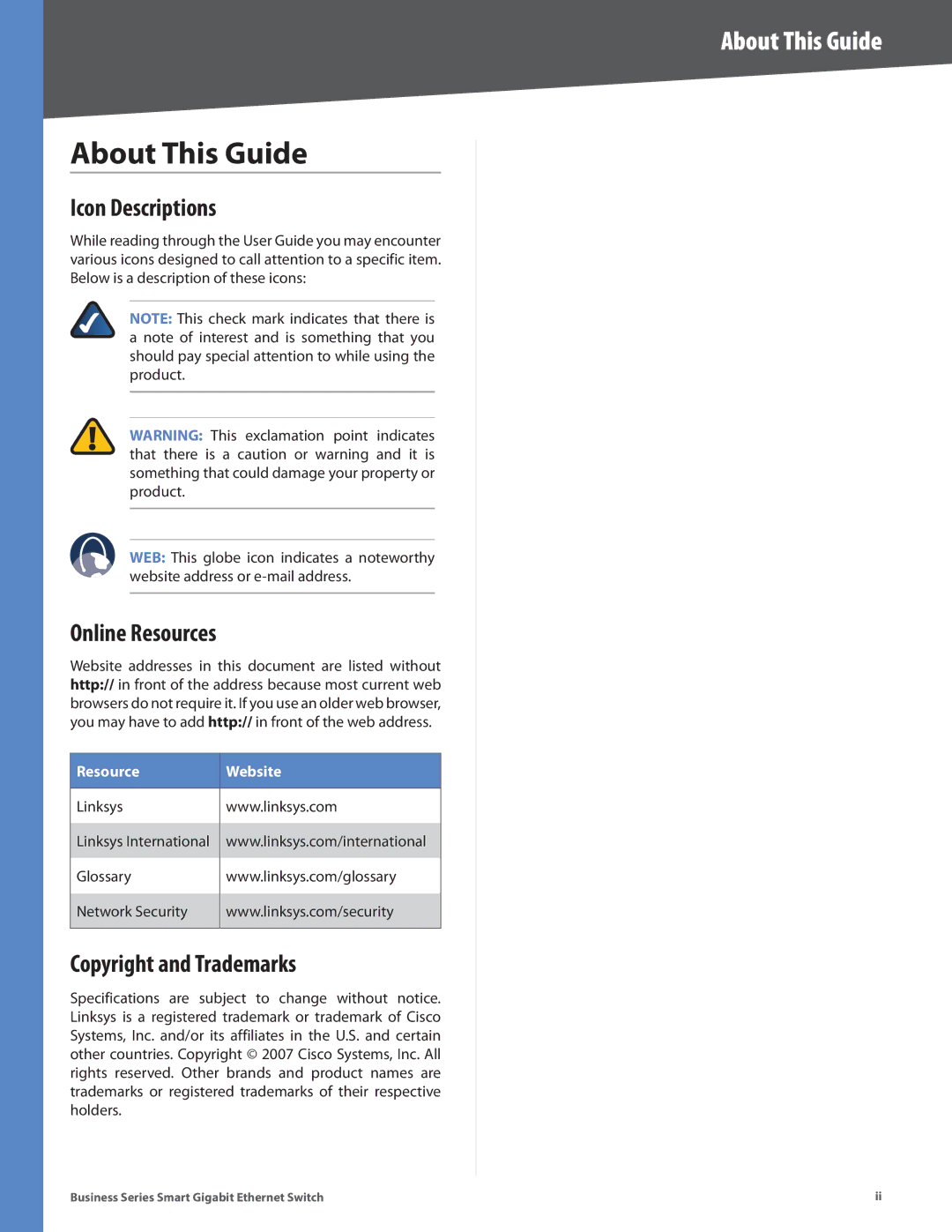 Linksys SLM224P, SLM248P, SLM248G, SLM2024 About This Guide, Icon Descriptions, Online Resources, Copyright and Trademarks 