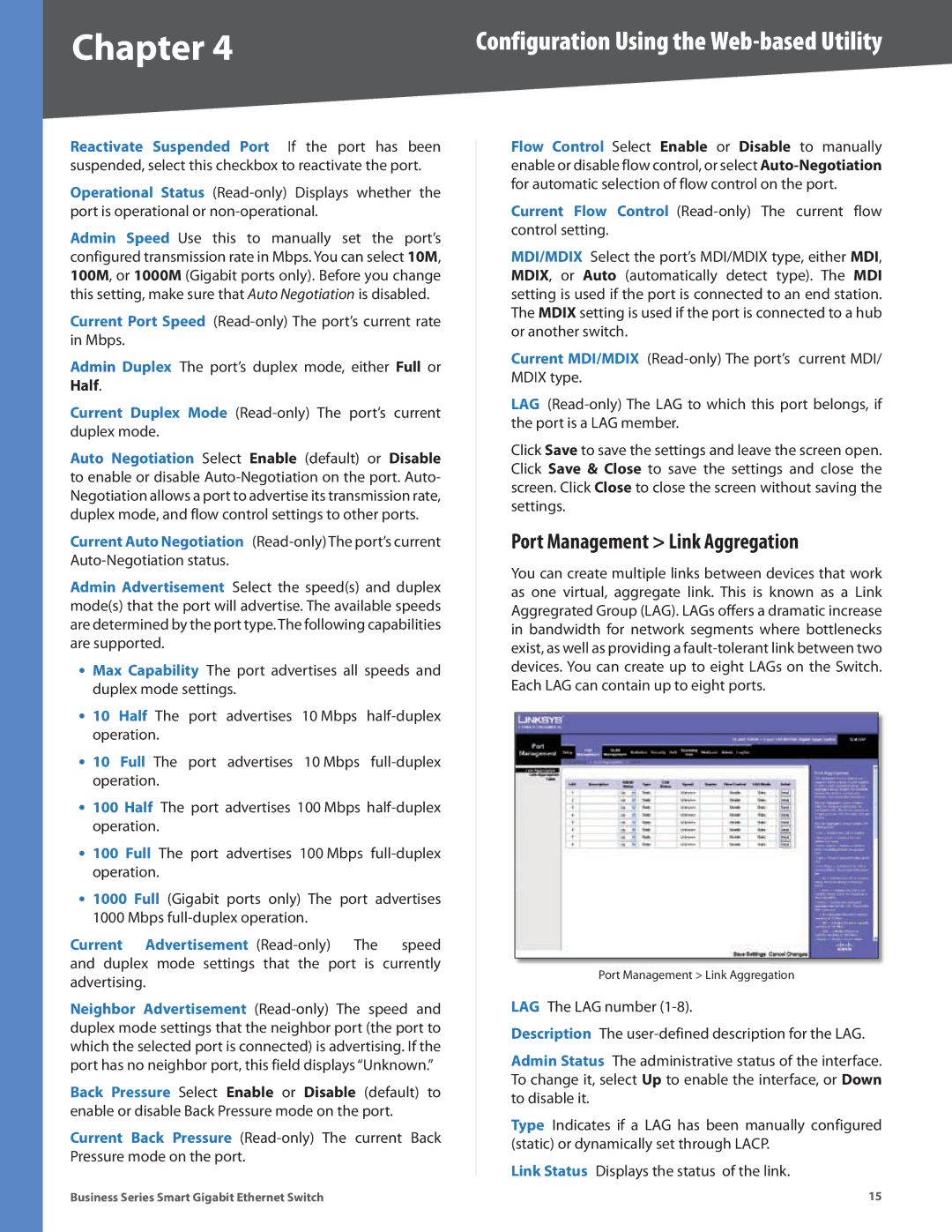 Linksys SLM224P, SLM248P, SLM248G, SLM2024, SLM2048, SLM224G manual Port Management Link Aggregation 