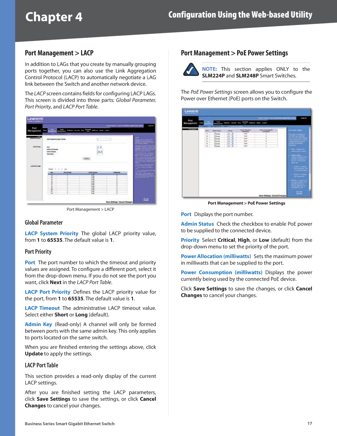 Linksys SLM2048 Port Management Lacp, Port Management PoE Power Settings, Global Parameter, Port Priority, Lacp Port Table 