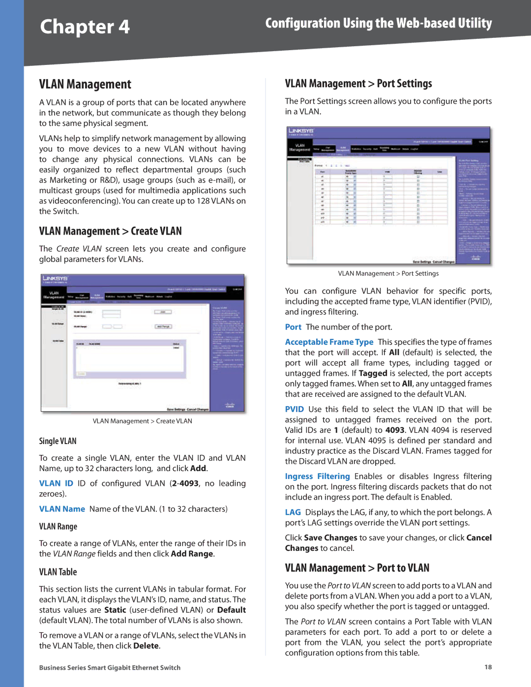 Linksys SLM224G Vlan Management Create Vlan, Vlan Management Port Settings, Vlan Management Port to Vlan, Vlan Table 