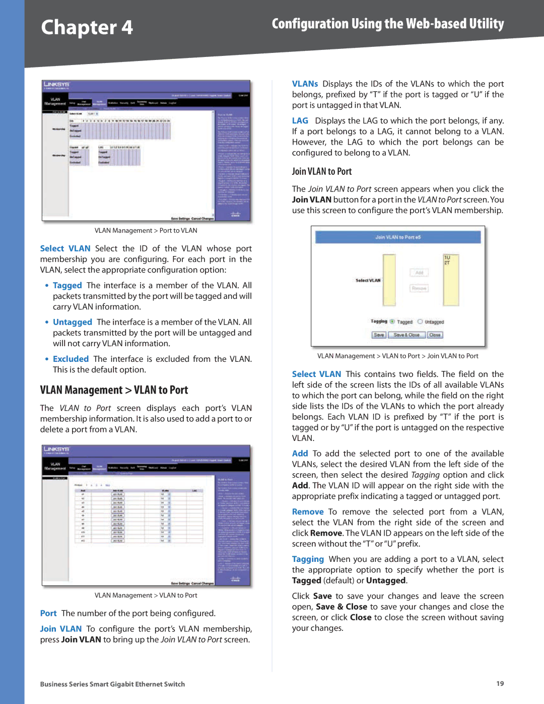 Linksys SLM248P, SLM248G Vlan Management Vlan to Port, Join Vlan to Port, Port The number of the port being configured 