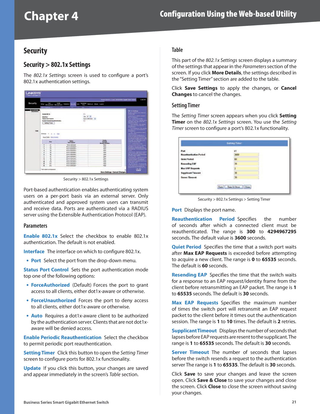 Linksys SLM224P, SLM248P, SLM248G, SLM2024, SLM2048, SLM224G manual Security 802.1x Settings, Parameters, Setting Timer 