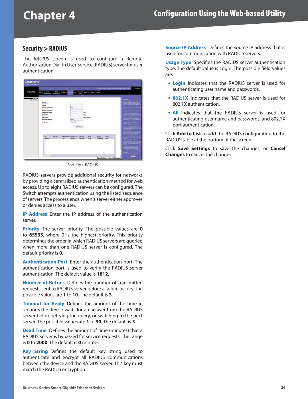 Linksys SLM224G, SLM248P, SLM248G, SLM224P, SLM2024, SLM2048 manual Security Radius 