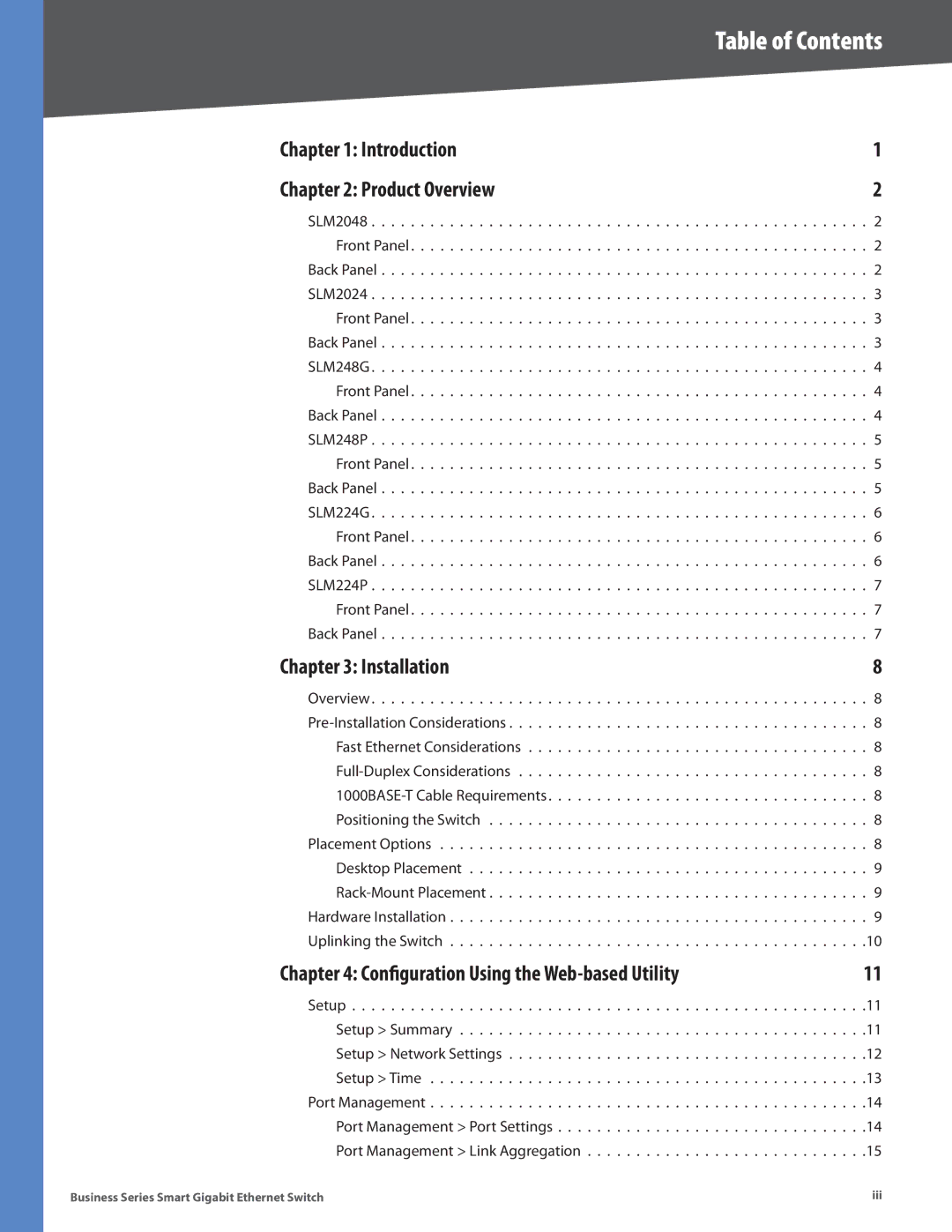 Linksys SLM2024, SLM248P, SLM248G, SLM224P, SLM2048, SLM224G manual Table of Contents 