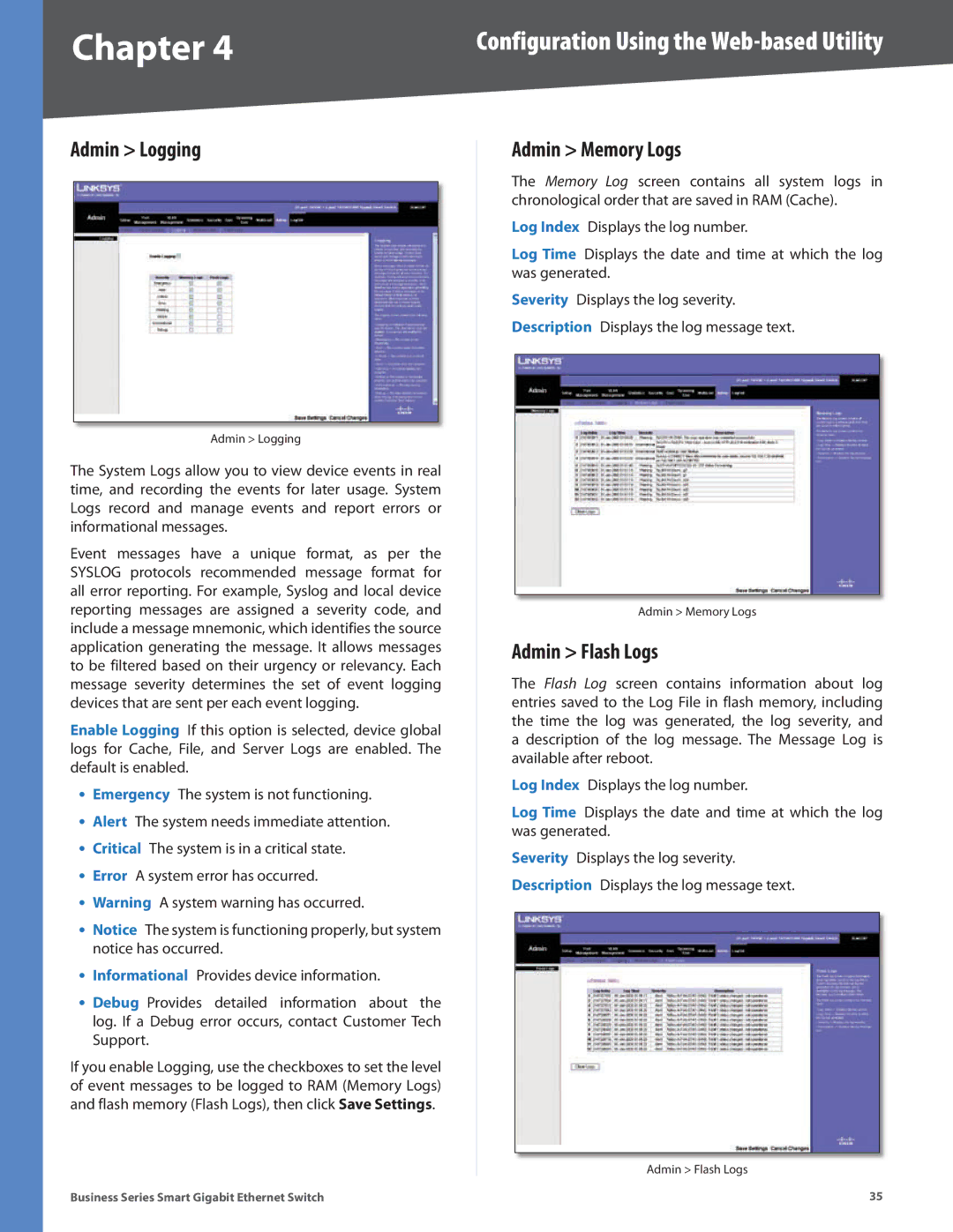 Linksys SLM2048, SLM248P, SLM248G, SLM224P, SLM2024, SLM224G manual Admin Logging, Admin Memory Logs, Admin Flash Logs 