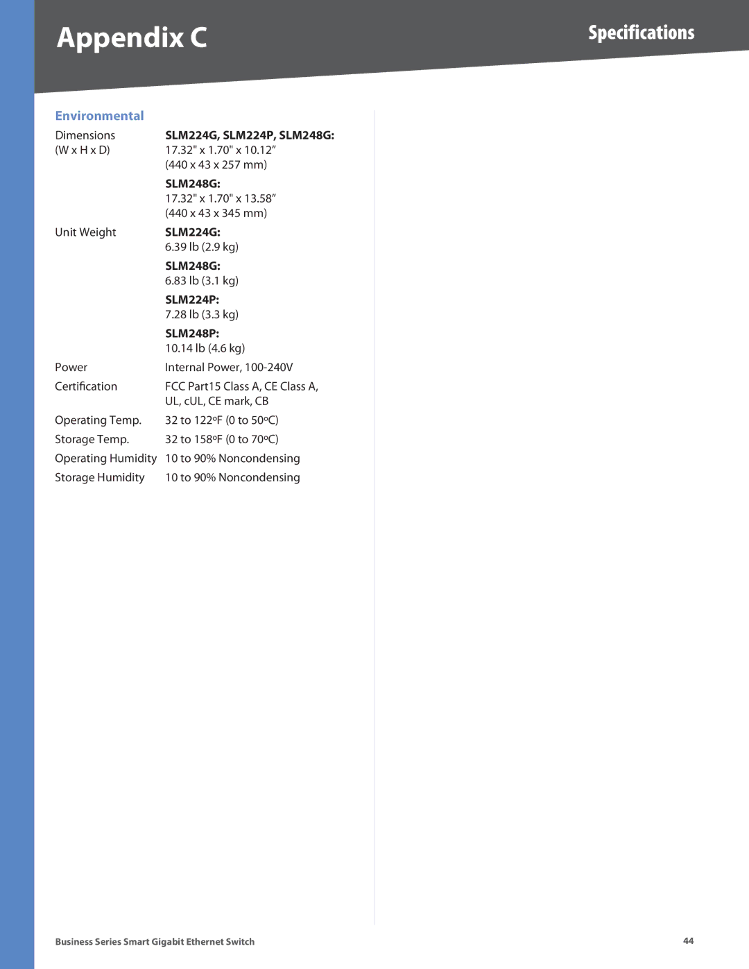 Linksys SLM248G, SLM248P, SLM224P, SLM2024, SLM2048 Unit Weight, 39 lb 2.9 kg, 83 lb 3.1 kg, 28 lb 3.3 kg, 10.14 lb 4.6 kg 