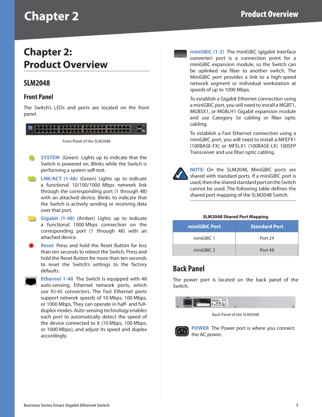 Linksys SLM248G, SLM248P, SLM224P, SLM2024, SLM224G manual Chapter Product Overview, SLM2048, Back Panel, Front Panel 