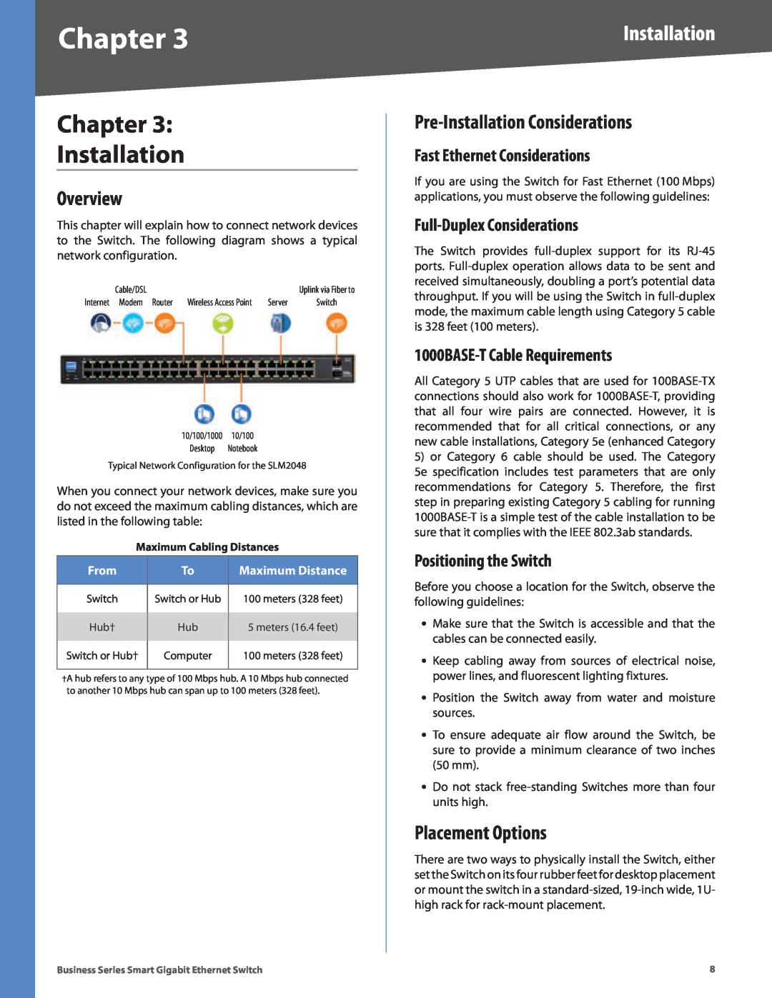 Linksys SLM248G Chapter Installation, Overview, Pre-Installation Considerations, Placement Options, Positioning the Switch 
