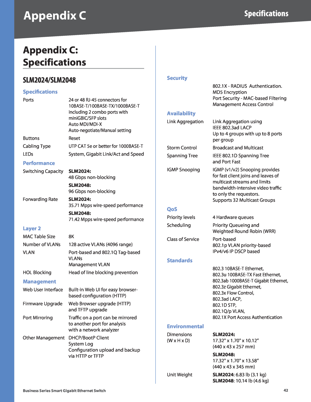 Linksys SLM224G Appendix C Specifications, SLM2024/SLM2048, Performance, Layer, Management, Security, Availability 
