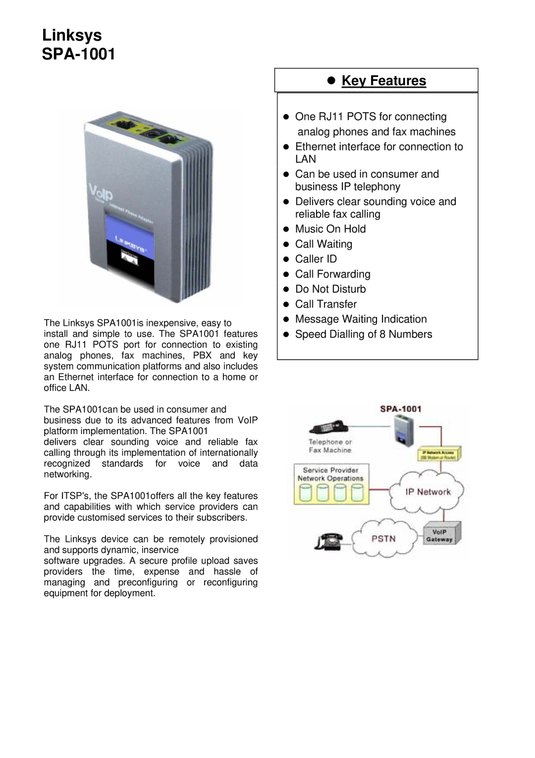 Linksys manual Linksys SPA-1001, Key Features 