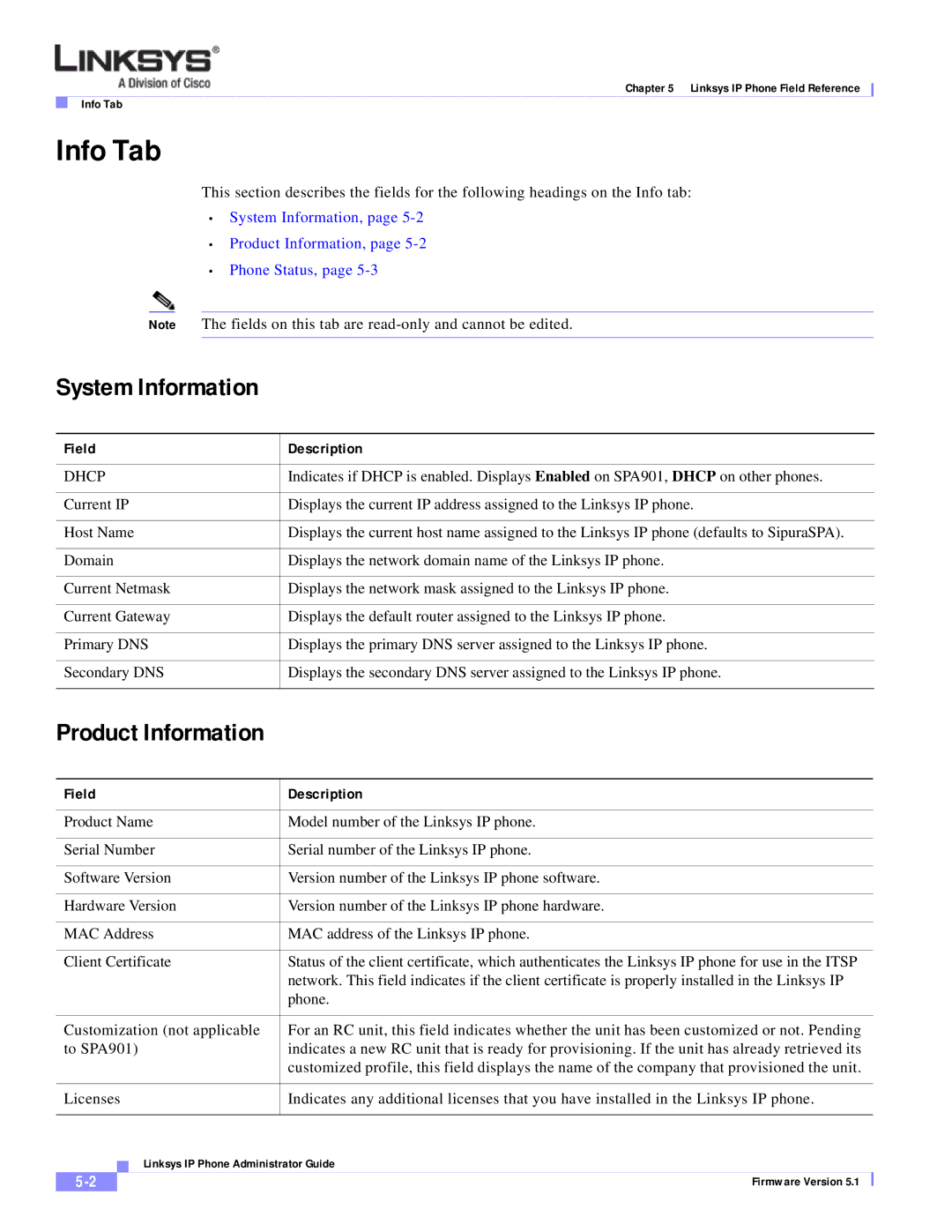 Linksys SPA 900 SERIES manual Info Tab, System Information, Field Description, Dhcp 