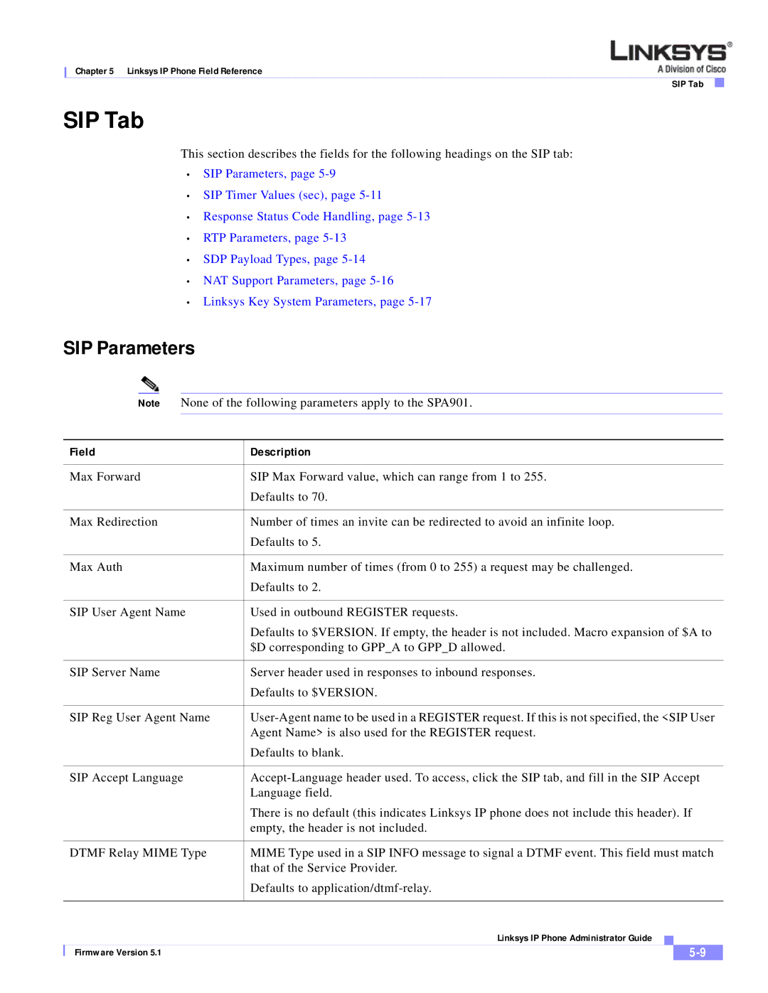 Linksys SPA 900 SERIES manual SIP Tab, SIP Parameters 