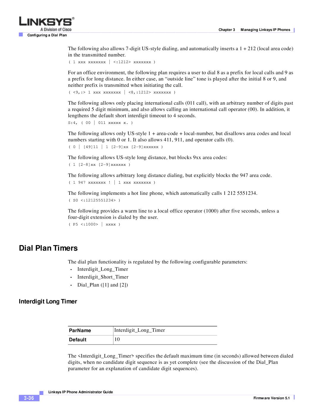 Linksys SPA 900 SERIES manual Dial Plan Timers, Interdigit Long Timer, ParName, Default 