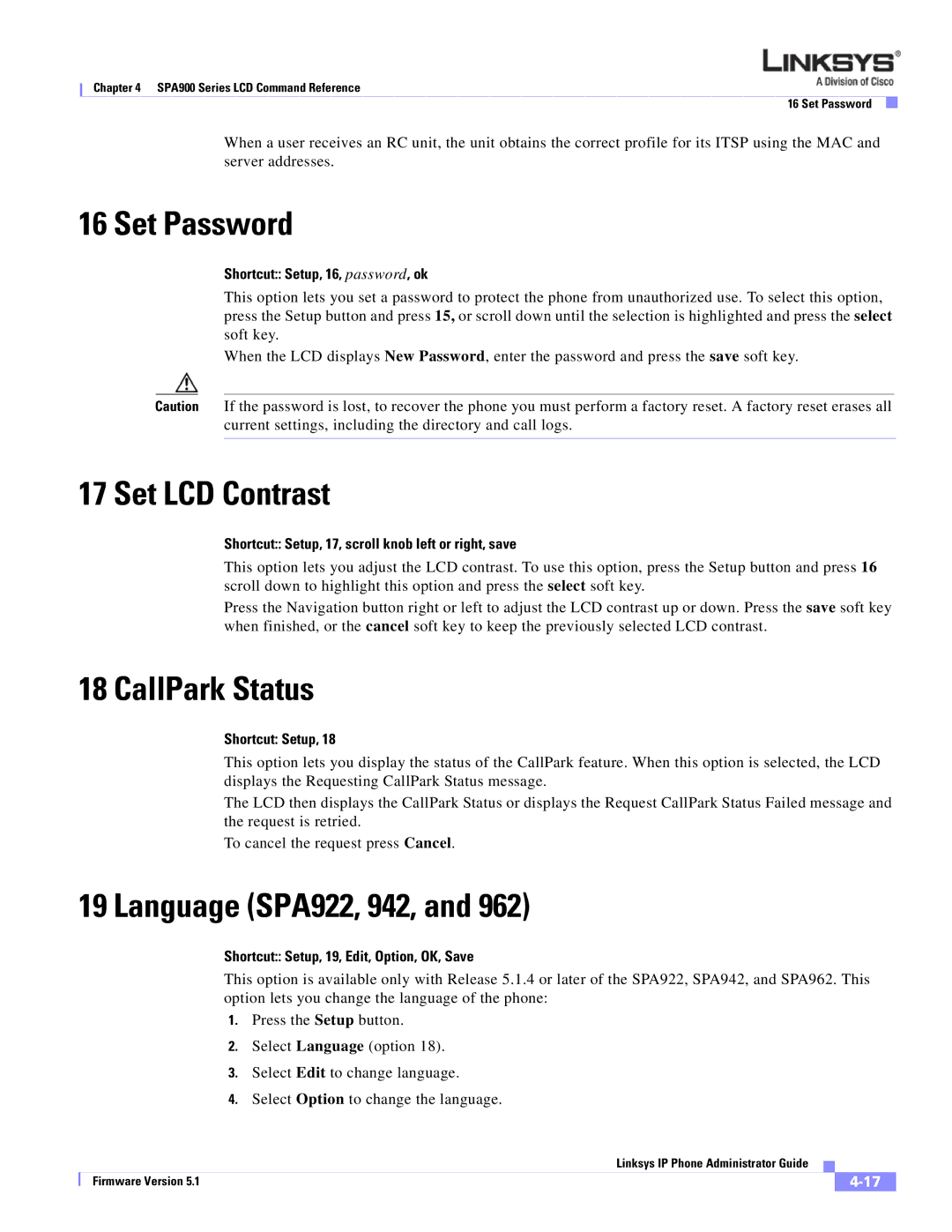 Linksys SPA 900 SERIES manual Set Password, Set LCD Contrast, CallPark Status, Language SPA922, 942 