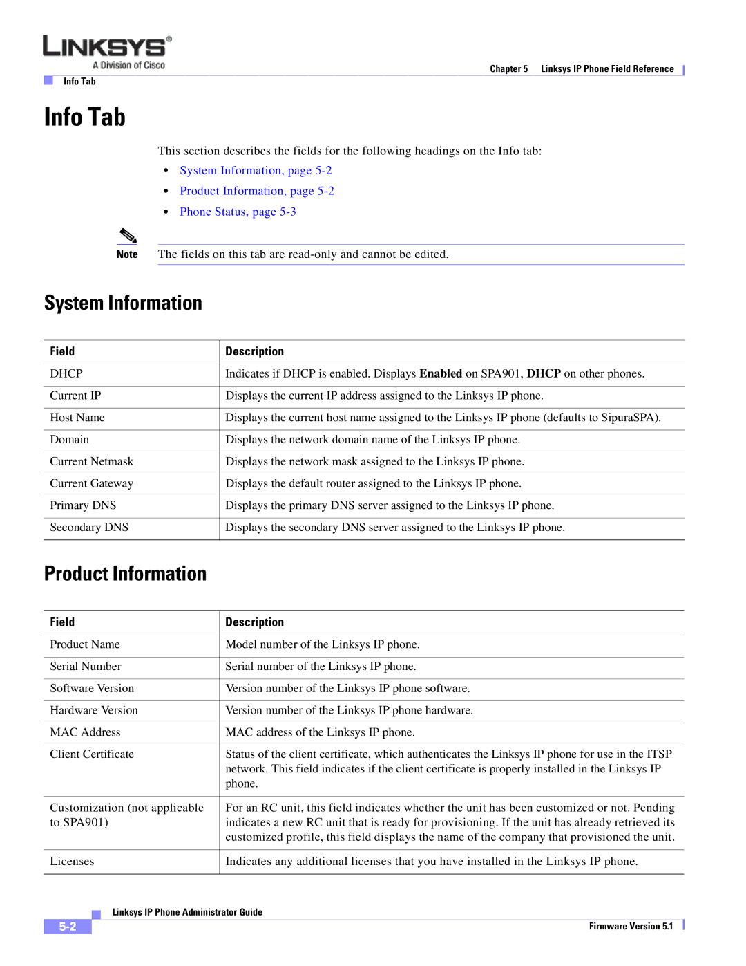 Linksys SPA 900 SERIES manual Info Tab, System Information, Field Description, Dhcp 