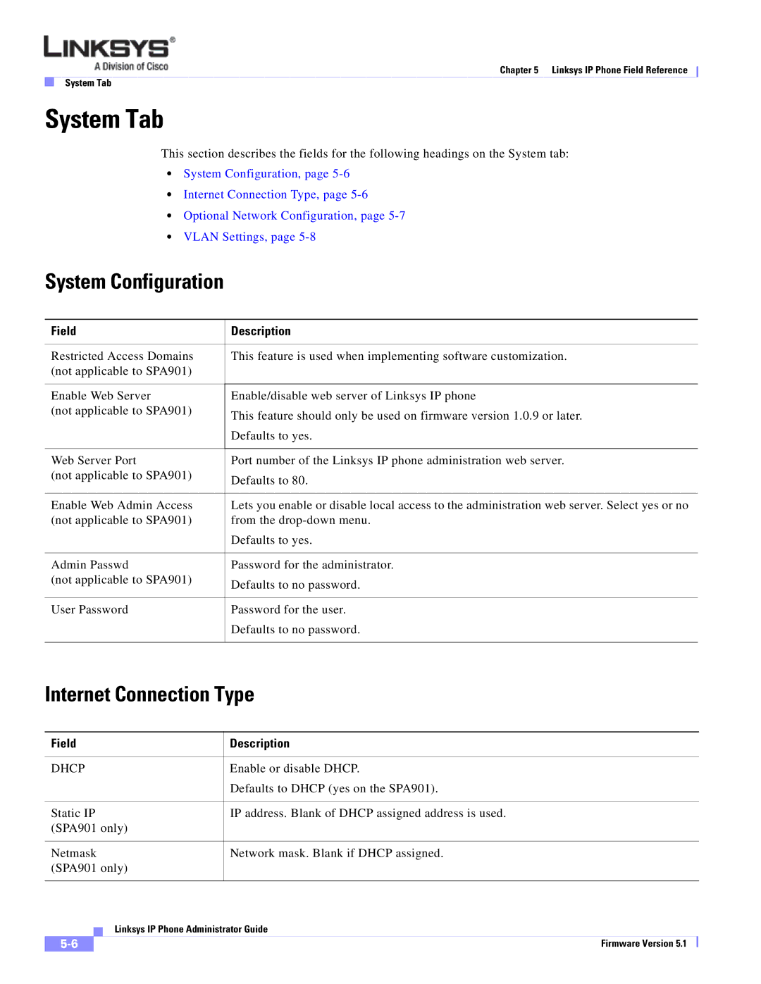 Linksys SPA 900 SERIES manual System Tab, System Configuration, Internet Connection Type 