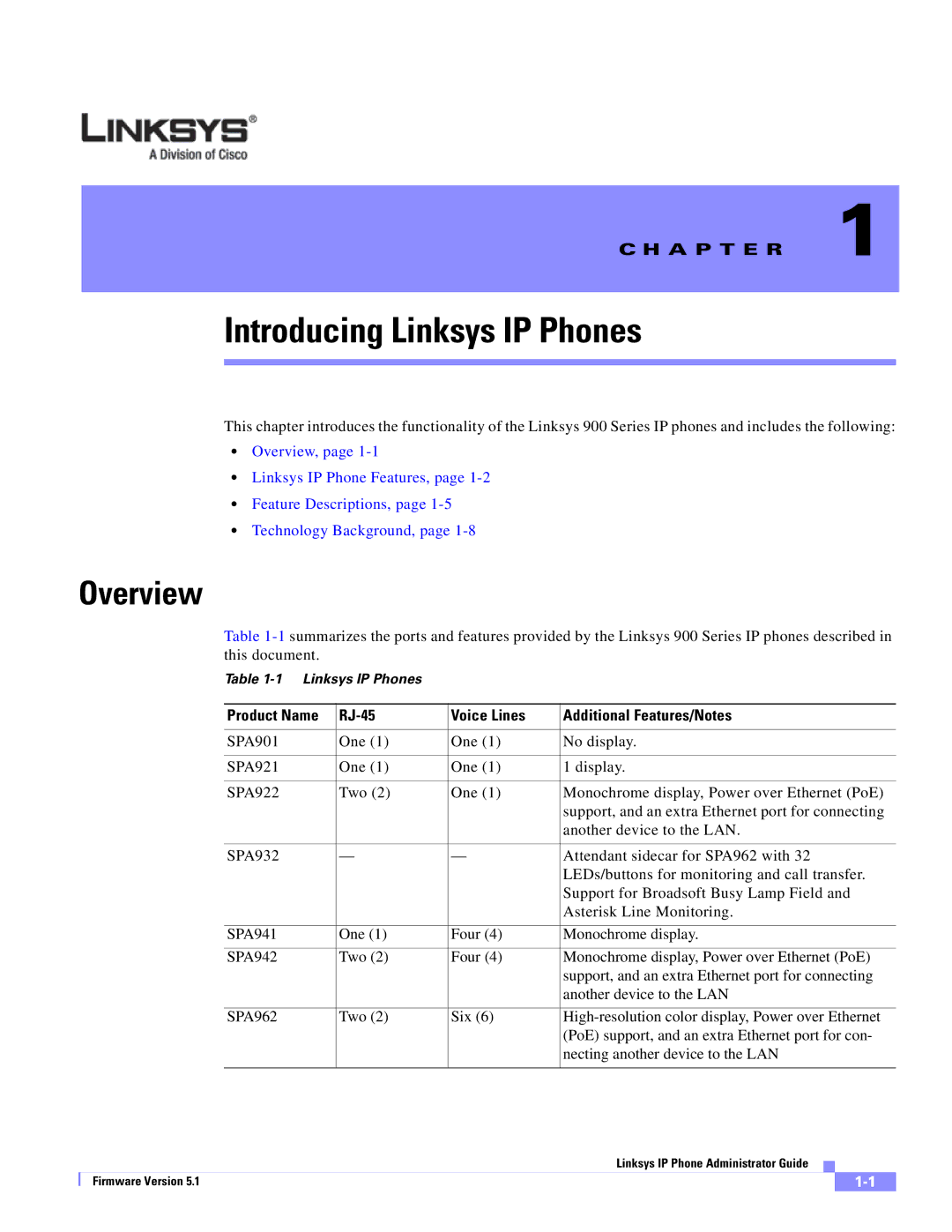 Linksys SPA 900 SERIES manual Overview, Product Name RJ-45 Voice Lines Additional Features/Notes 