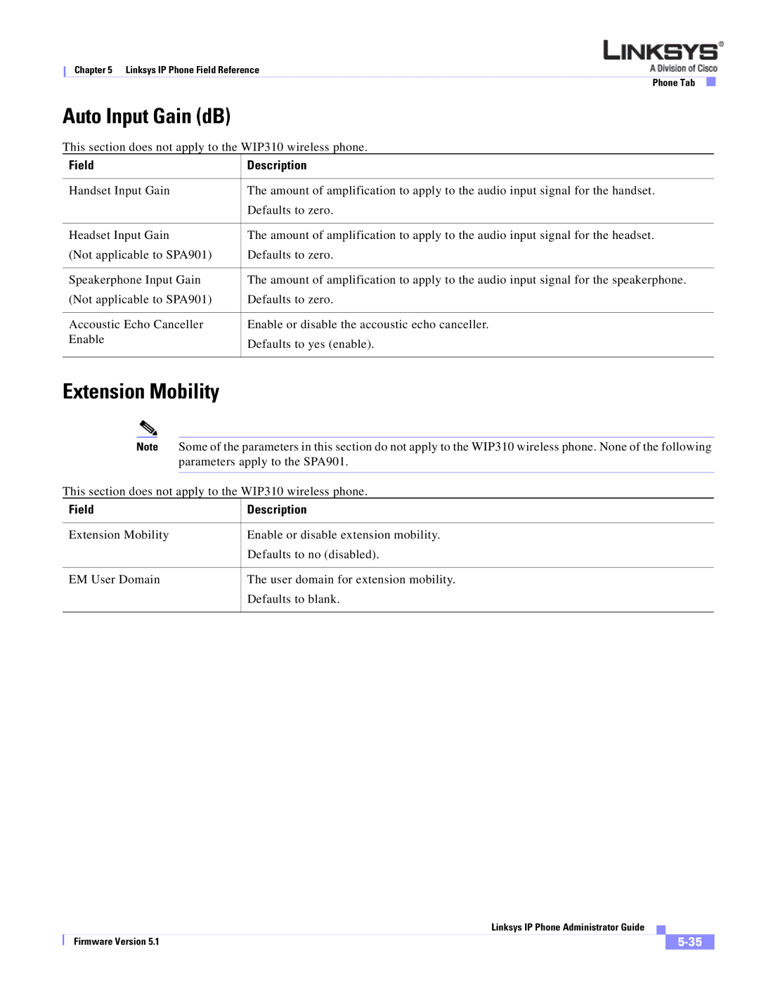 Linksys SPA 900 SERIES manual Auto Input Gain dB, Extension Mobility 