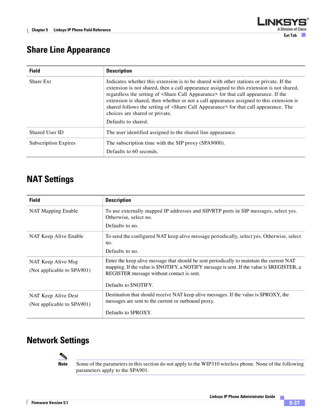 Linksys SPA 900 SERIES manual Share Line Appearance, NAT Settings, Network Settings 