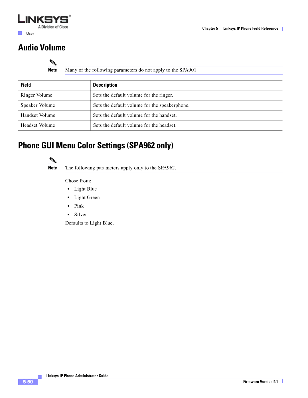 Linksys SPA 900 SERIES manual Audio Volume, Phone GUI Menu Color Settings SPA962 only 