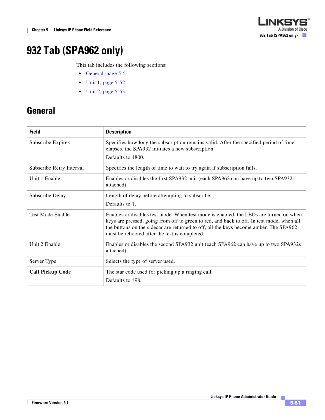 Linksys SPA 900 SERIES manual Tab SPA962 only, Call Pickup Code 