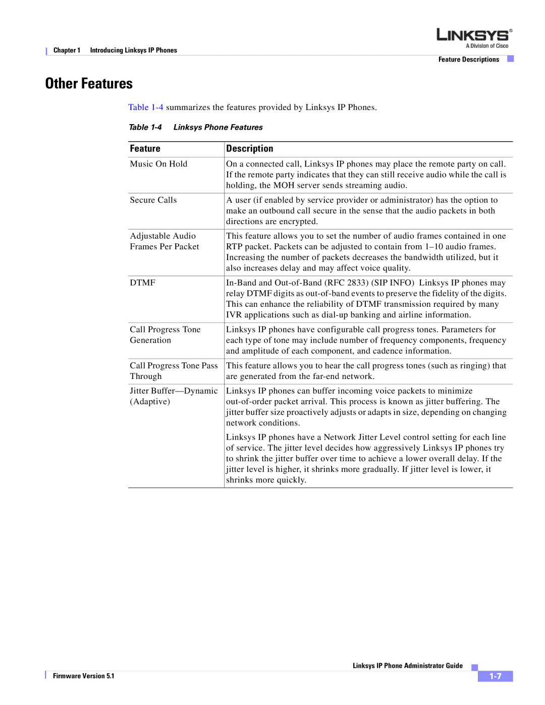 Linksys SPA 900 SERIES manual Other Features, Feature Description, Dtmf 