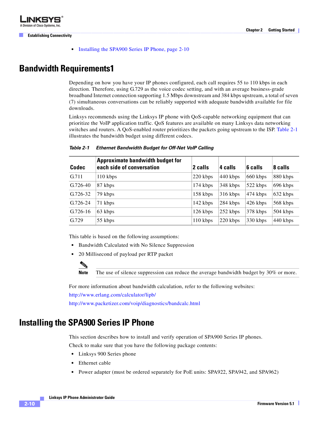 Linksys SPA 900 SERIES Bandwidth Requirements1, Installing the SPA900 Series IP Phone, Approximate bandwidth budget for 