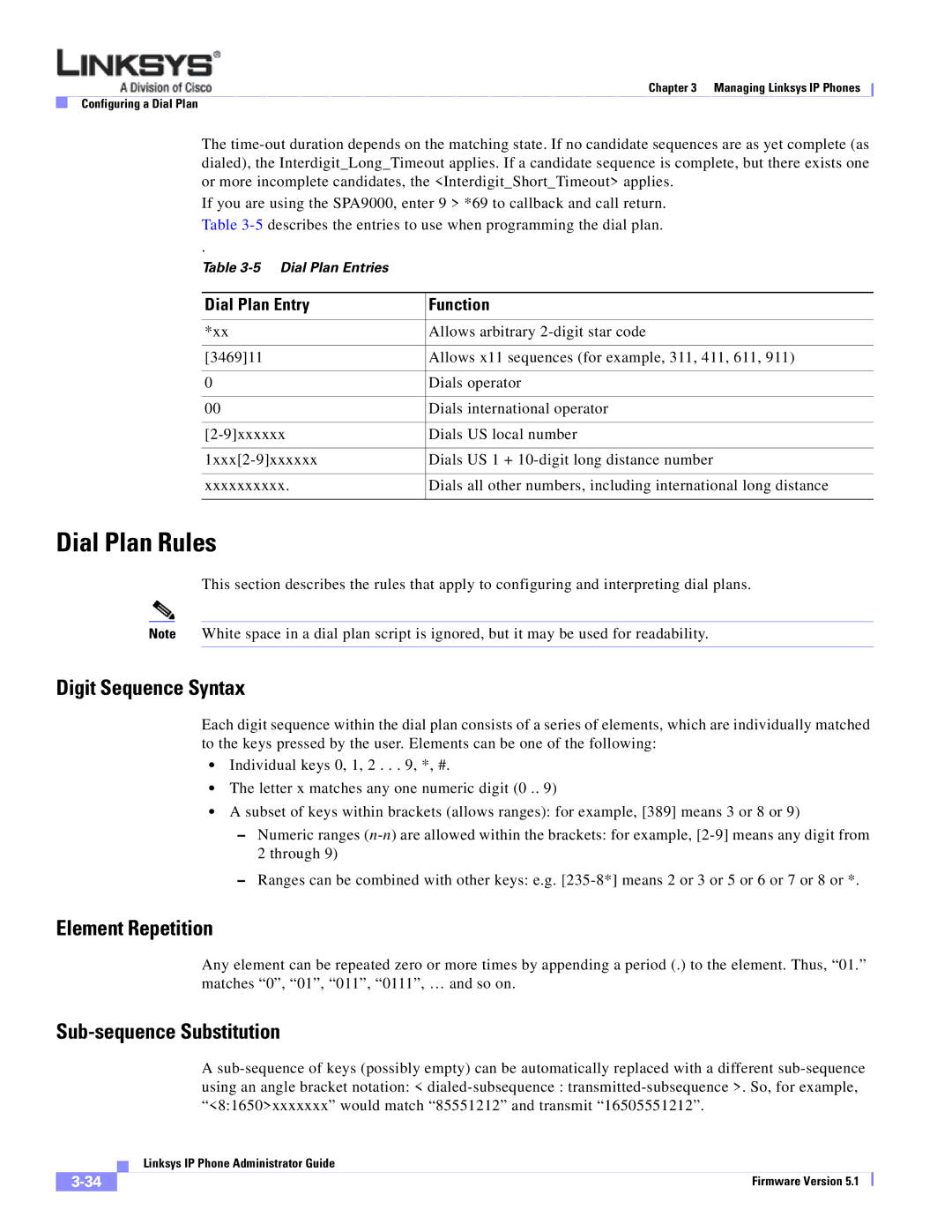 Linksys SPA 900 SERIES manual Dial Plan Rules, Digit Sequence Syntax, Element Repetition, Sub-sequence Substitution 