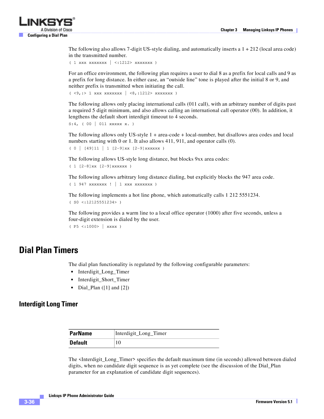 Linksys SPA 900 SERIES manual Dial Plan Timers, Interdigit Long Timer, ParName, Default 