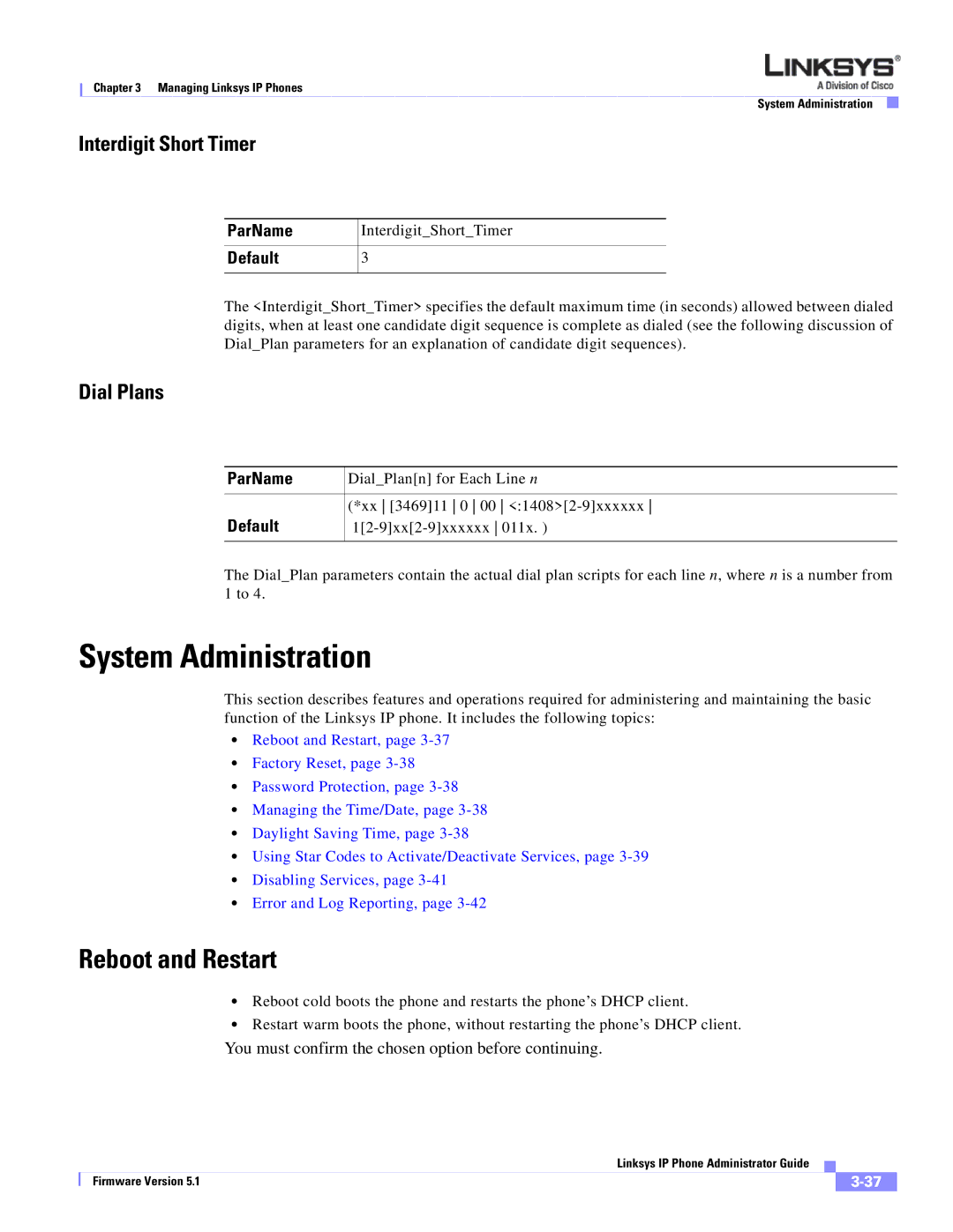 Linksys SPA 900 SERIES manual System Administration, Reboot and Restart, Interdigit Short Timer, Dial Plans 