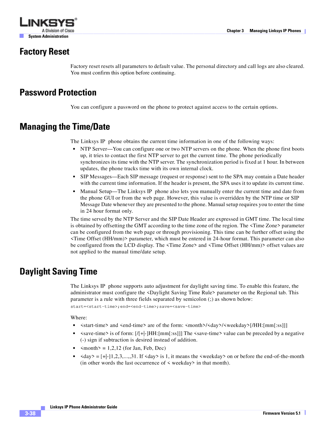 Linksys SPA 900 SERIES manual Factory Reset, Password Protection, Managing the Time/Date, Daylight Saving Time 