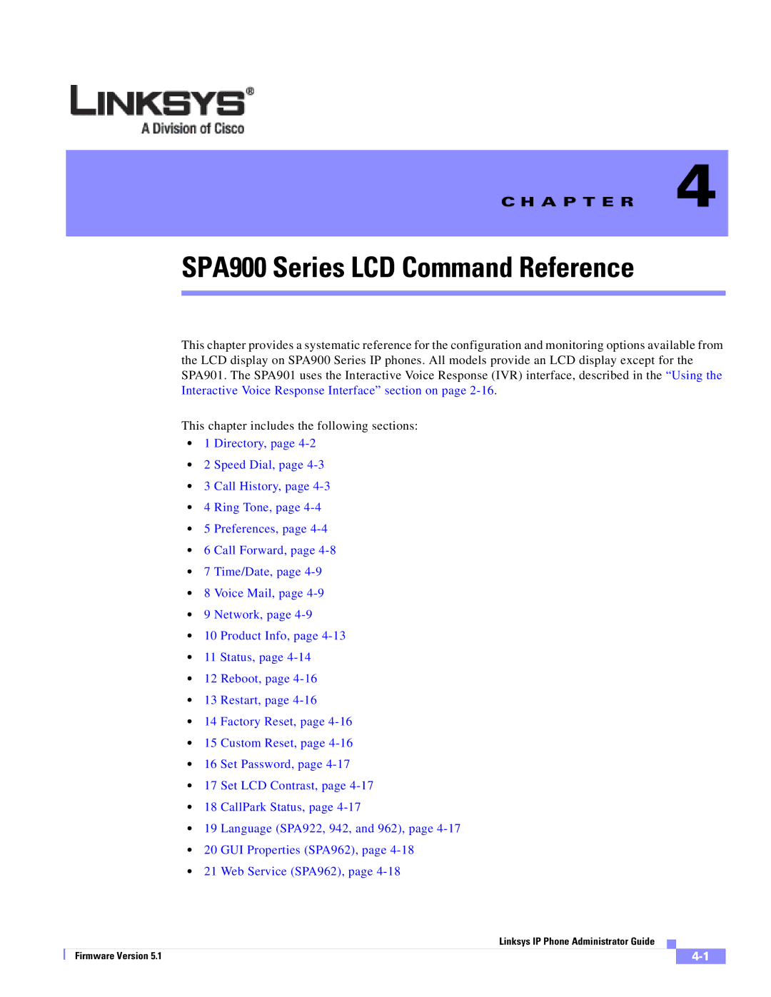 Linksys SPA 900 SERIES manual SPA900 Series LCD Command Reference 