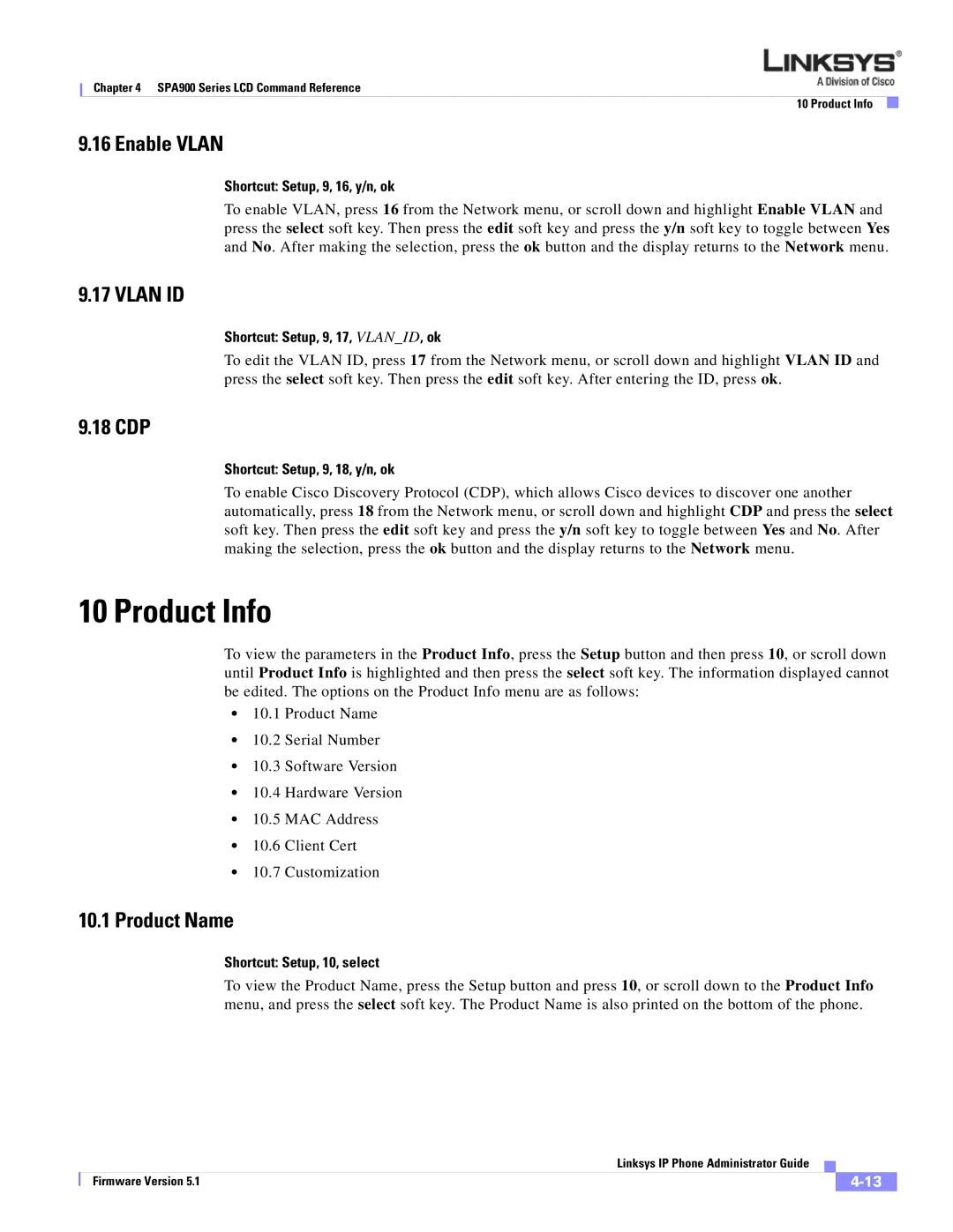 Linksys SPA 900 manual Product Info, Enable Vlan, Vlan ID, 18 CDP, Product Name 