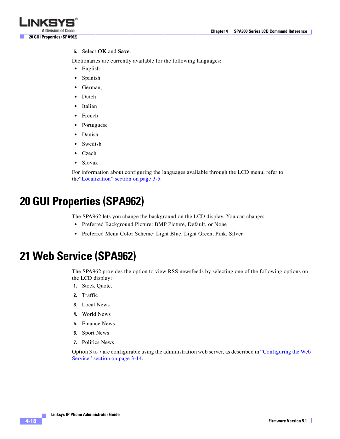 Linksys SPA 900 manual GUI Properties SPA962, Web Service SPA962 