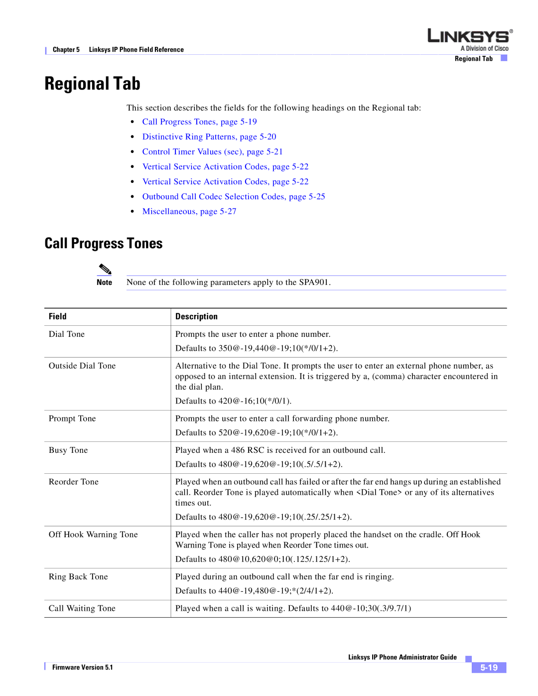 Linksys SPA 900 manual Regional Tab, Call Progress Tones 