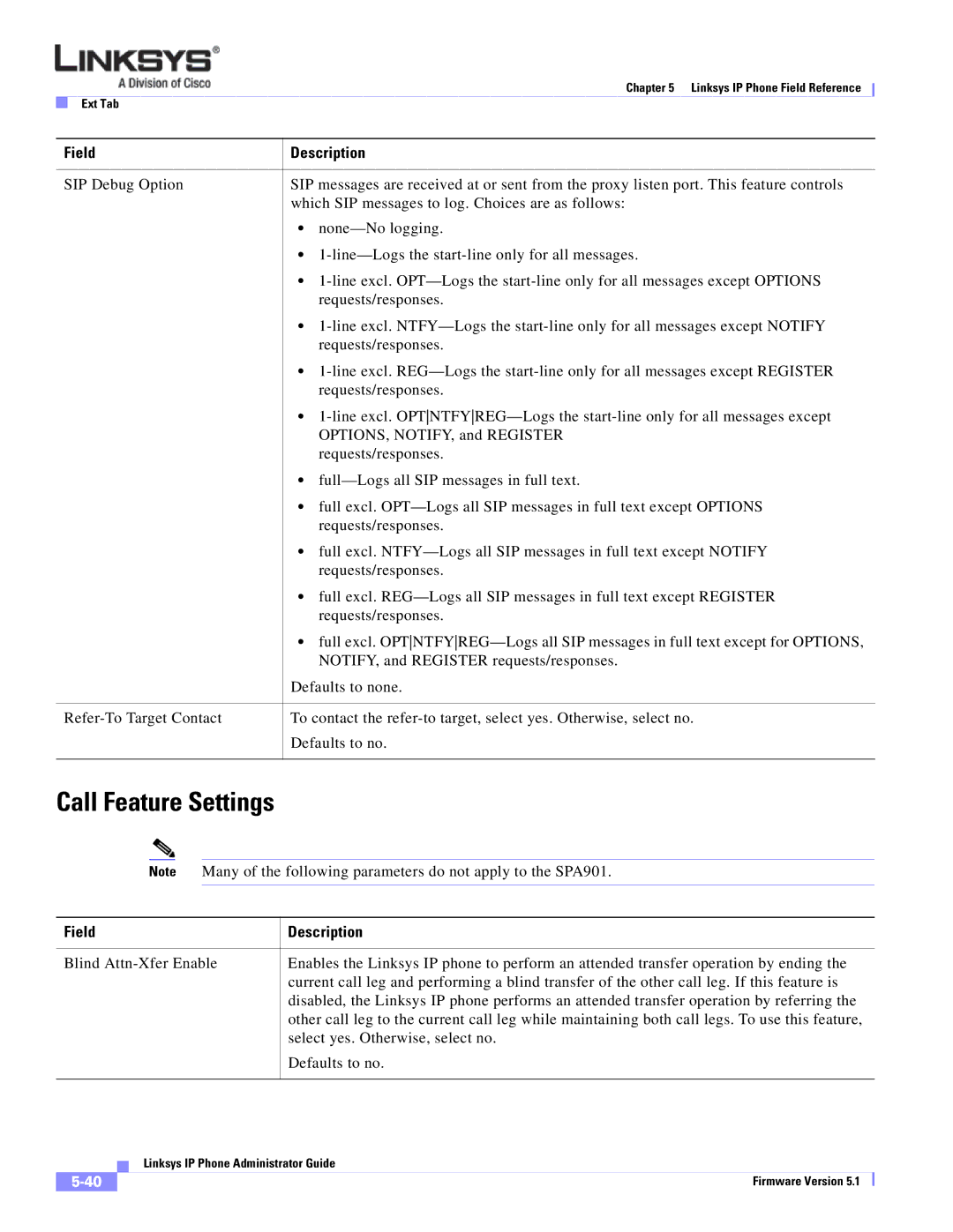 Linksys SPA 900 manual Call Feature Settings 