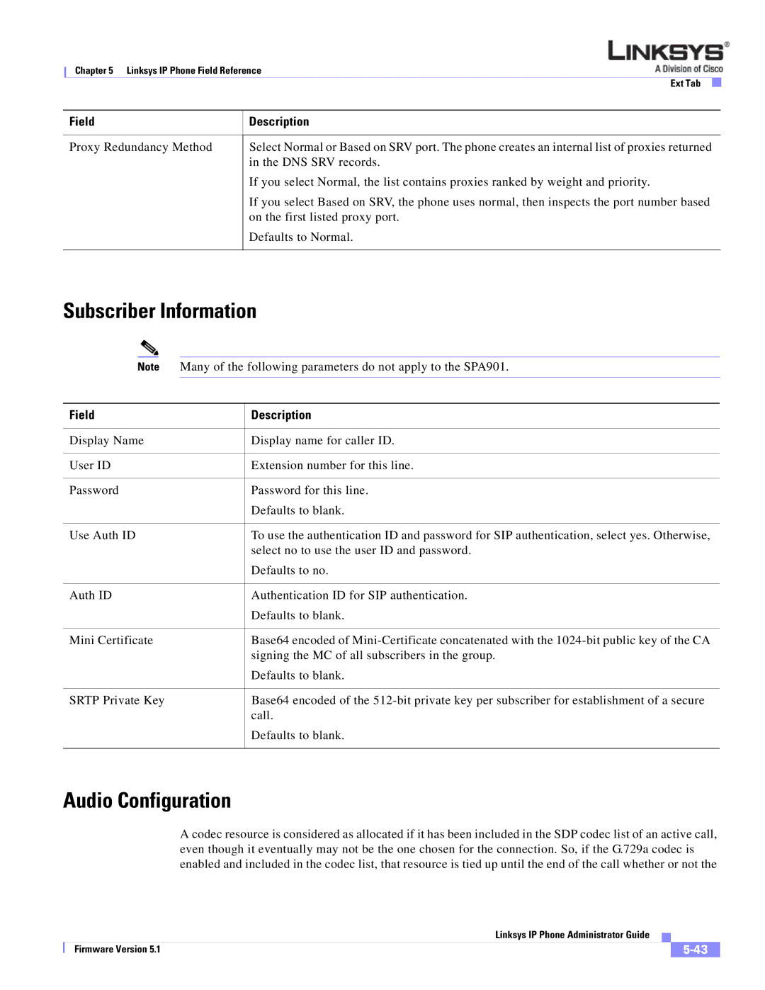 Linksys SPA 900 manual Subscriber Information, Audio Configuration 