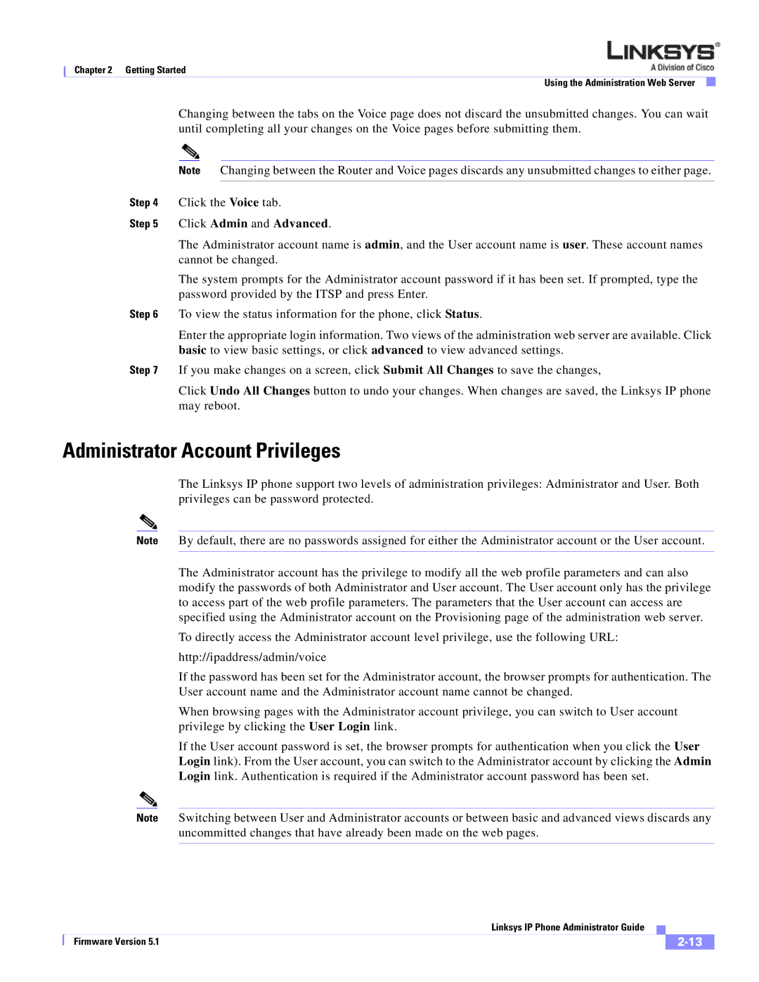 Linksys SPA 900 manual Administrator Account Privileges, Click Admin and Advanced 