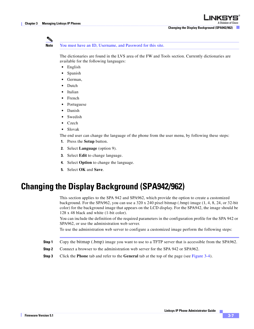 Linksys SPA 900 manual Changing the Display Background SPA942/962 