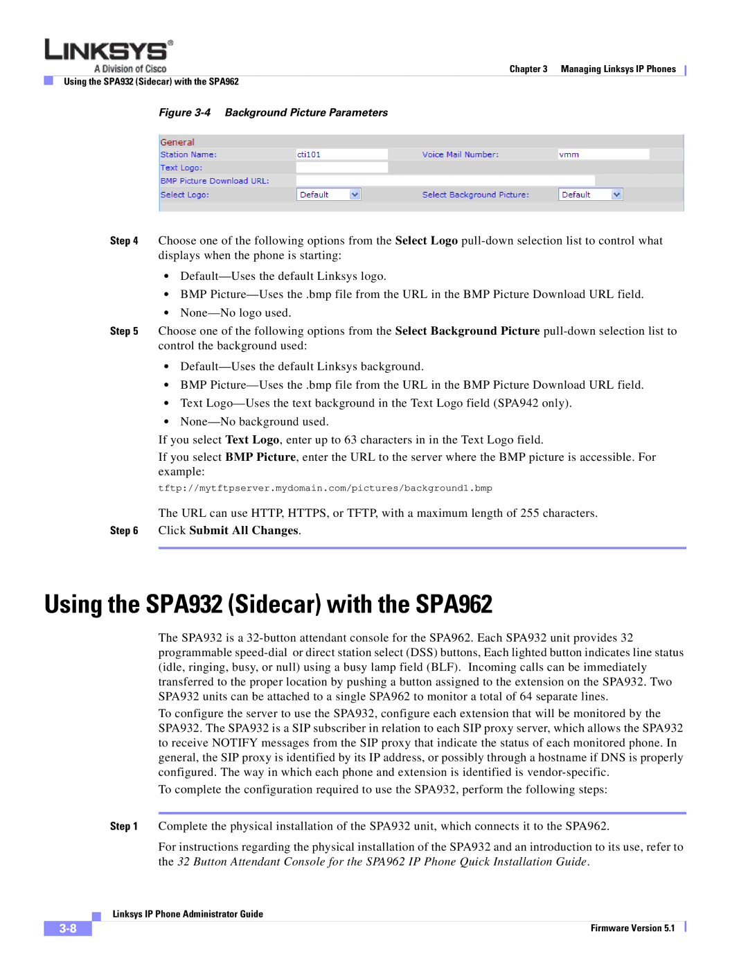 Linksys SPA 900 manual Using the SPA932 Sidecar with the SPA962, Background Picture Parameters 