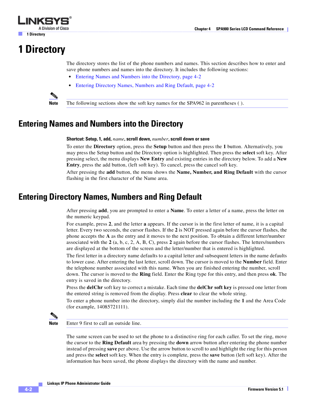 Linksys SPA 900 Entering Names and Numbers into the Directory, Entering Directory Names, Numbers and Ring Default 