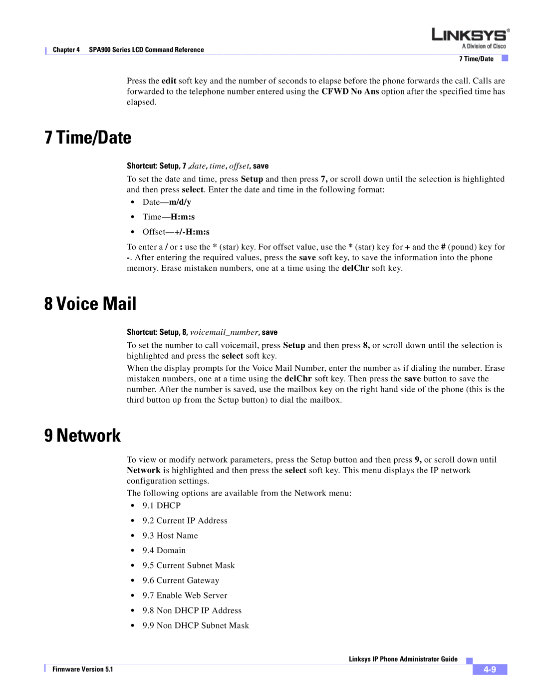 Linksys SPA 900 manual Time/Date, Voice Mail, Network, Shortcut Setup, 7 ,date, time, offset, save 